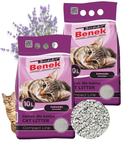 Super Benek Compact lawendowy żwirek bentonitowy zbrylający dla kota 2x 10L