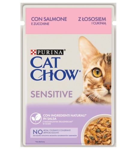 Purina Cat Chow Sensitive mokra karma dla kota łosoś z cukinią w sosie 85g