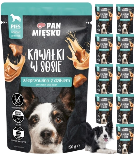 Pan Mięsko mokra karma dla psa wieprzowina z dzikiem kawałki w sosie 10x 150g