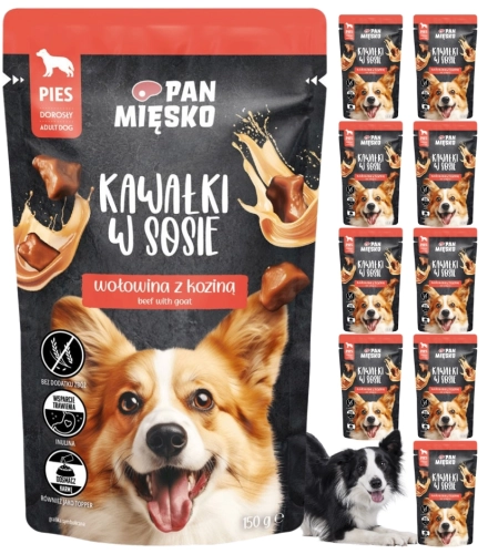 Pan Mięsko mokra karma dla psa wołowina z koziną kawałki w sosie 10x 150g