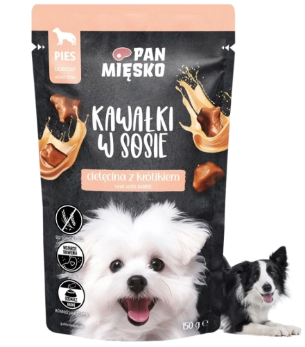 Pan Mięsko mokra karma dla psa cielęcina z królikiem kawałki w sosie 150g