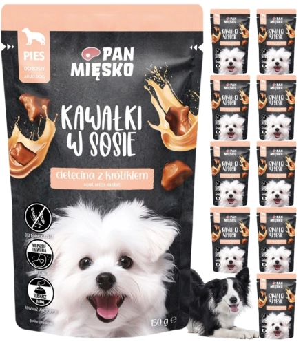 Pan Mięsko mokra karma dla psa cielęcina z królikiem kawałki w sosie 10x 150g