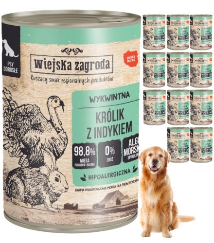 Wiejska Zagroda Królik z indykiem pełnoporcjowa mokra karma dla psa 12x 400g