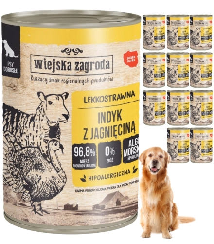 Wiejska Zagroda Indyk z jagnięciną pełnoporcjowa mokra karma dla psa 12x 400g