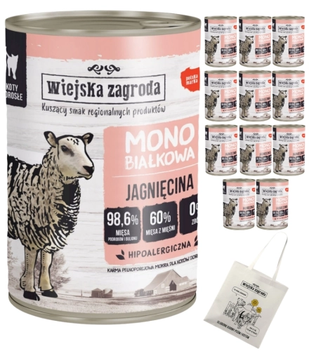 Wiejska Zagroda Jagnięcina monobiałkowa mokra karma dla kota 12x 400g + torba gratis
