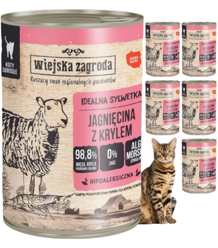 Wiejska Zagroda Jagnięcina z krylem pełnoporcjowa mokra karma dla kota 6x 400g