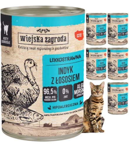 Wiejska Zagroda Indyk z łososiem pełnoporcjowa mokra karma dla kota 6x 400g
