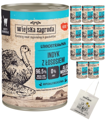 Wiejska Zagroda Indyk z łososiem pełnoporcjowa mokra karma dla kota 12x 400g
