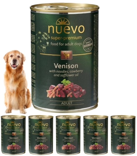 Nuevo Adult dziczyzna makaron borówki mokra karma dla psa skóra sierść 6x 400g