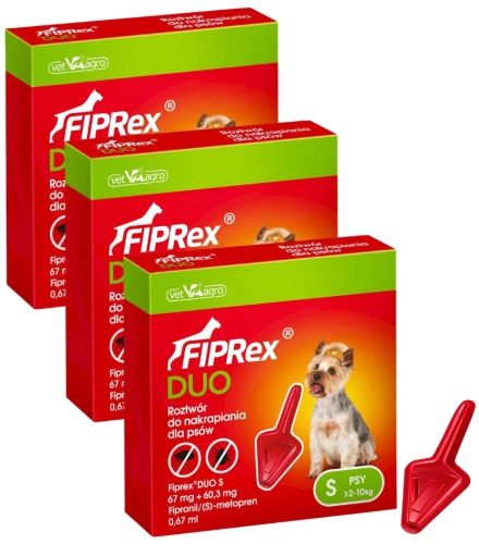 Fiprex Duo S krople na pchły kleszcze i wszoły dla psa 2-10kg 3 pipety