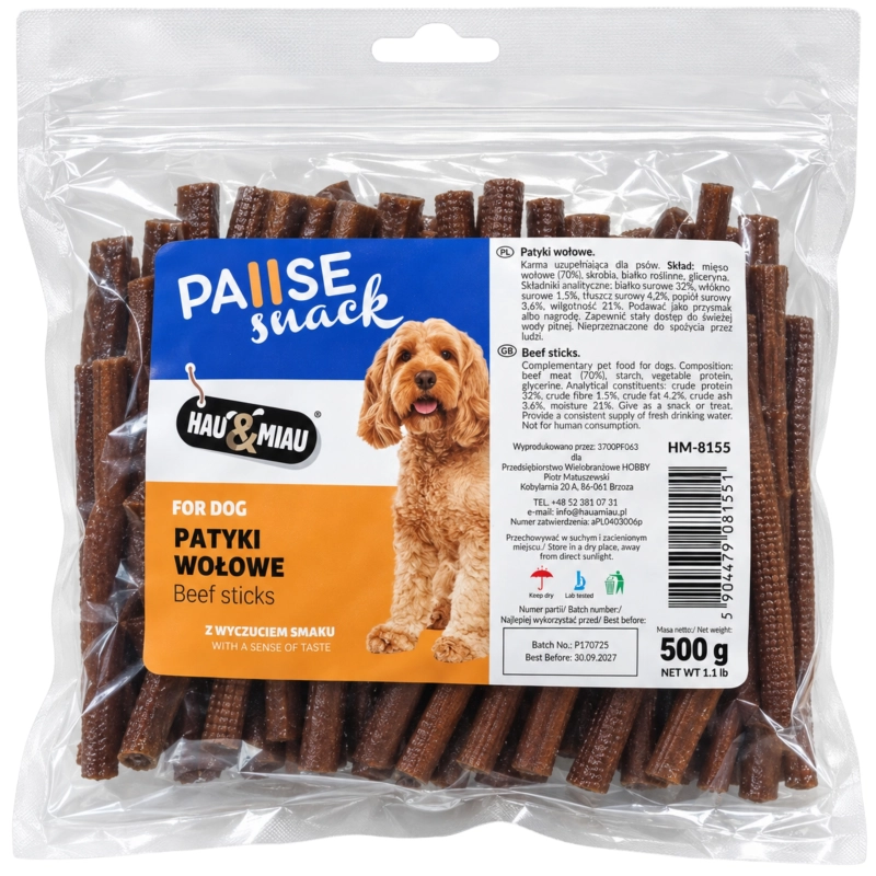 HauMiau pałeczki patyki wołowe miękkie przysmak smaczki gryzak psa 500 g