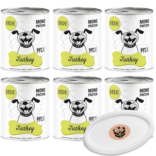 Paka Zwierzaka PEPE Turkey XL Indyk monobiałkowa karma dla szczeniąt i dorosłych psów 6x 800g + wieczko gratis