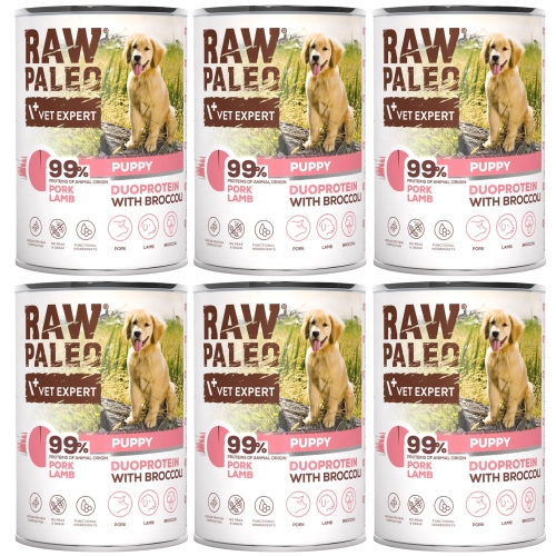 Vet Expert Raw Paleo Puppy duoproteinowa dla szczeniąt wieprzowina jagnięcina 6x 400g