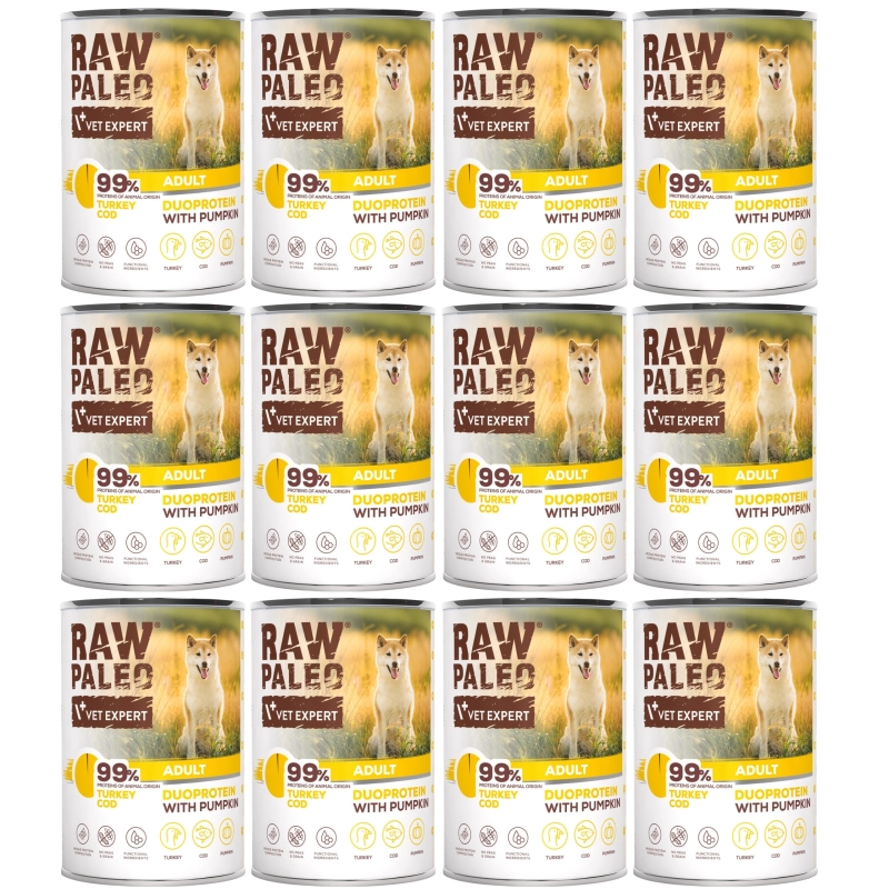 Vet Expert Raw Paleo duoproteinowa mokra karma dla dorosłego psa indyk dorsz dynia 12x 400g