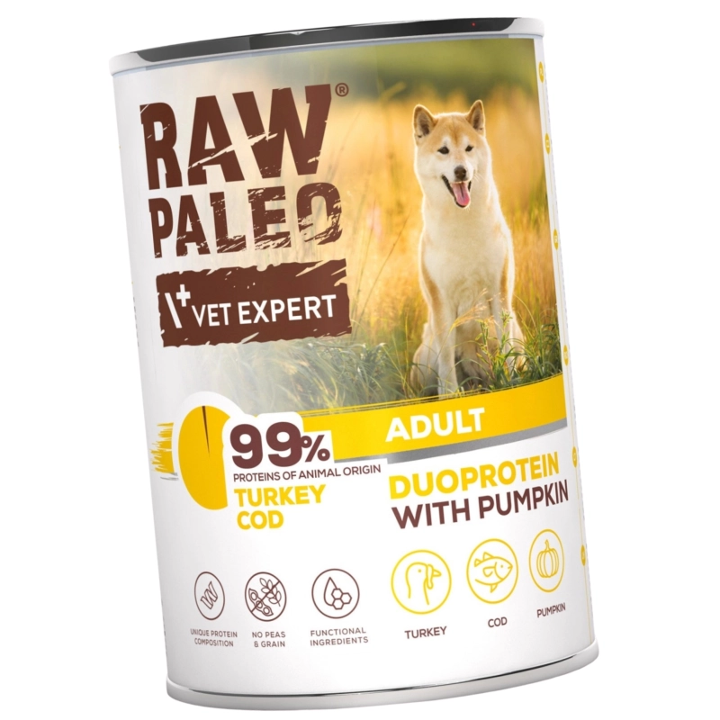 Vet Expert Raw Paleo duoproteinowa mokra karma dla dorosłego psa indyk dorsz dynia 12x 400g