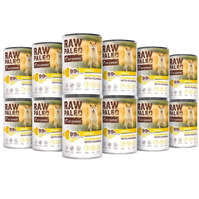 Vet Expert Raw Paleo duoproteinowa mokra karma dla dorosłego psa indyk dorsz dynia 12x 400g