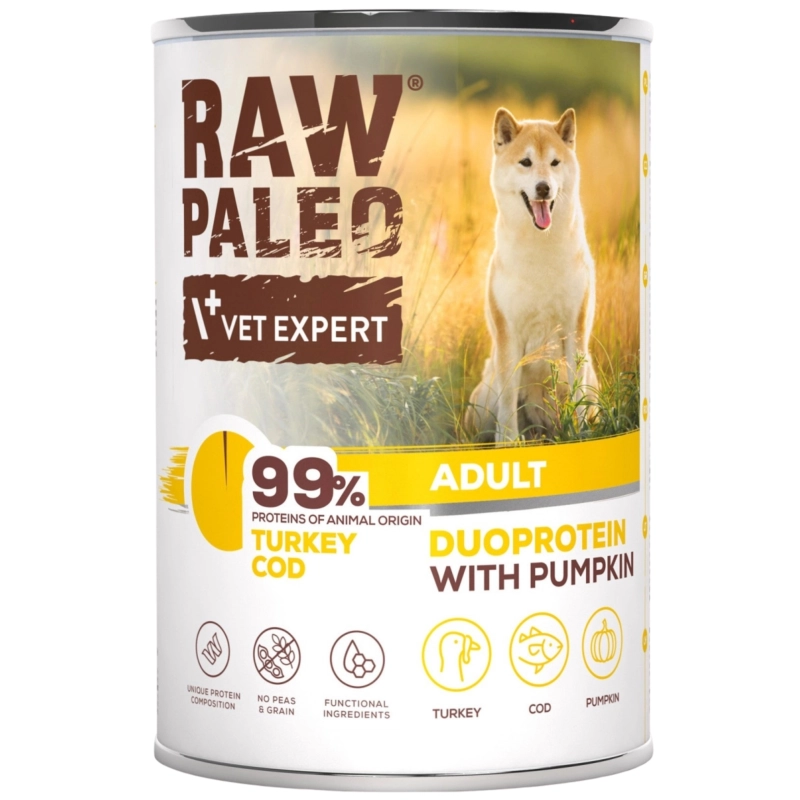 Vet Expert Raw Paleo duoproteinowa mokra karma dla dorosłego psa indyk dorsz dynia 6x 400g