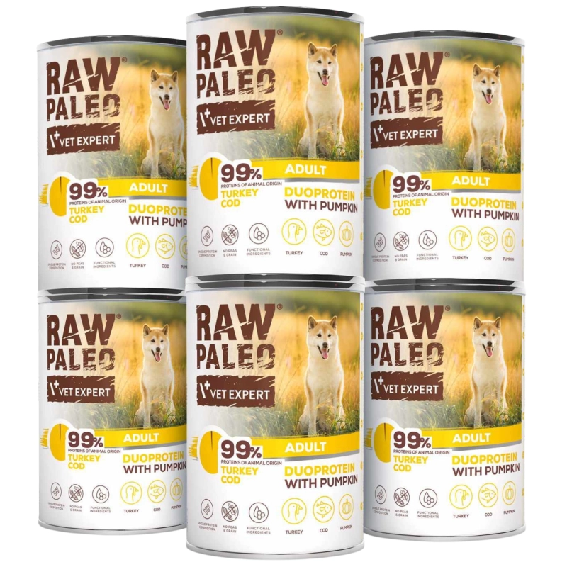 Vet Expert Raw Paleo duoproteinowa mokra karma dla dorosłego psa indyk dorsz dynia 6x 400g