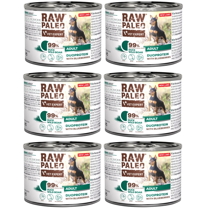 Vet Expert Raw Paleo duoproteinowa mokra karma dla psa kaczka z dzikiem i borówką 6x 200g