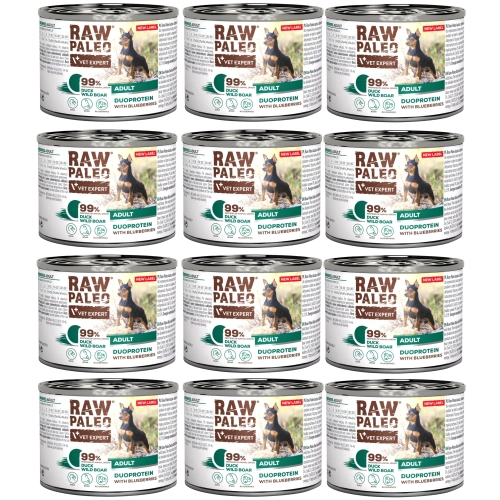 Vet Expert Raw Paleo duoproteinowa mokra karma dla psa kaczka z dzikiem i borówką 12x 200g