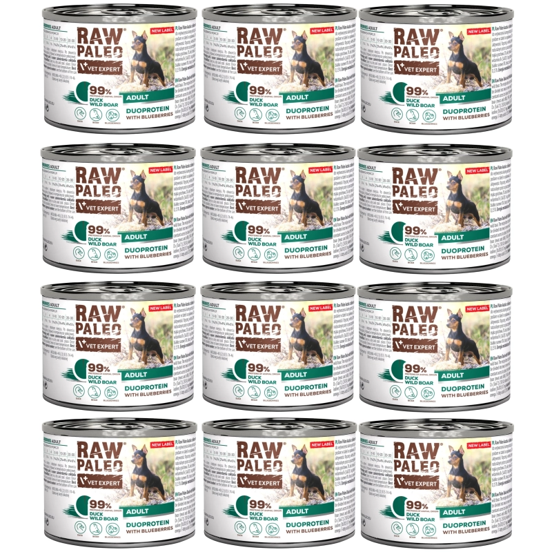 Vet Expert Raw Paleo duoproteinowa mokra karma dla psa kaczka z dzikiem i borówką 12x 200g