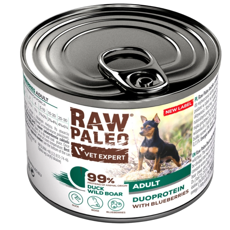 Vet Expert Raw Paleo duoproteinowa mokra karma dla psa kaczka z dzikiem i borówką 12x 200g