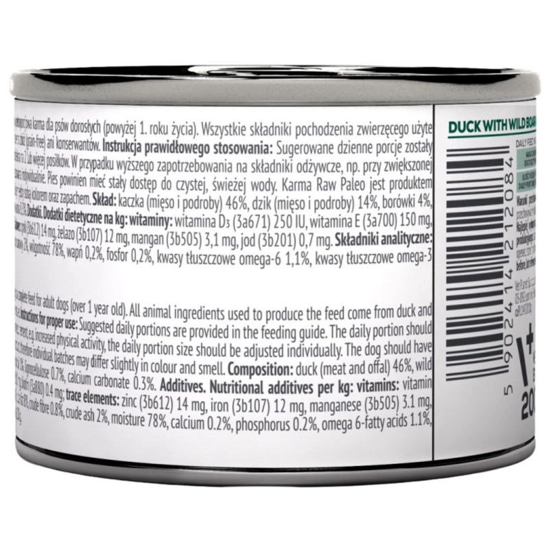 Vet Expert Raw Paleo duoproteinowa mokra karma dla psa kaczka z dzikiem i borówką 12x 200g