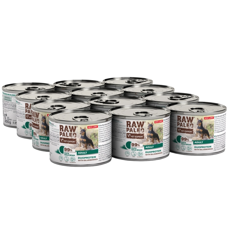 Vet Expert Raw Paleo duoproteinowa mokra karma dla psa kaczka z dzikiem i borówką 12x 200g