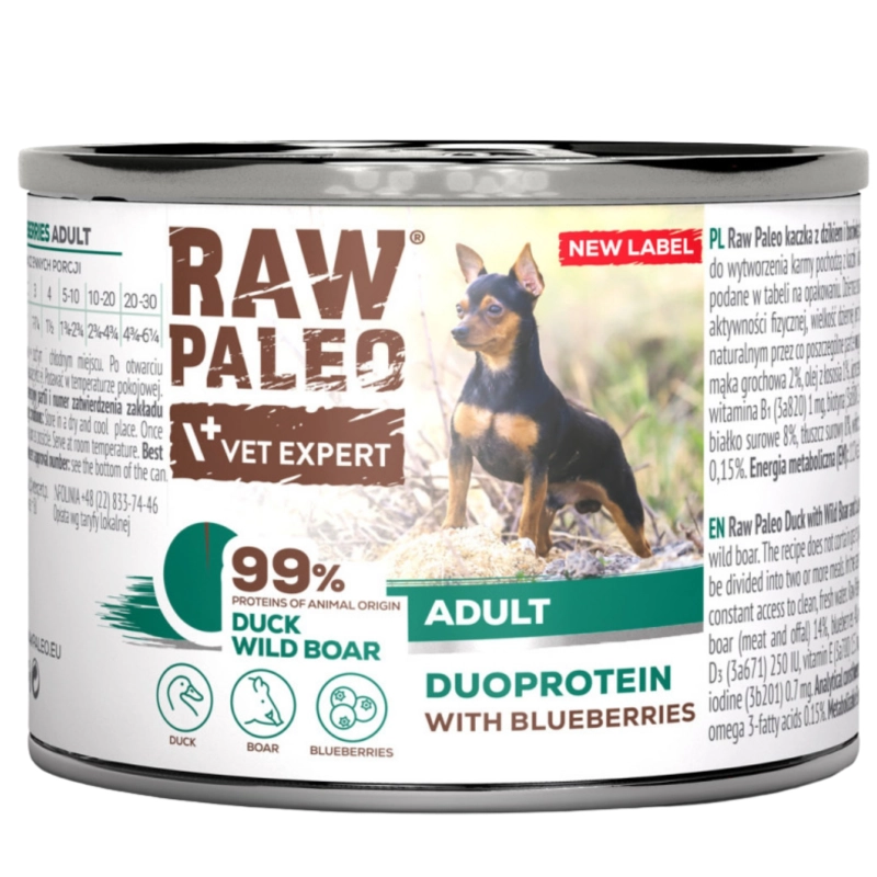 Vet Expert Raw Paleo duoproteinowa mokra karma dla psa kaczka z dzikiem i borówką 12x 200g