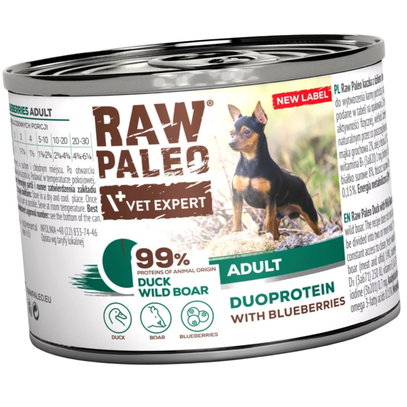 Vet Expert Raw Paleo duoproteinowa mokra karma dla psa kaczka z dzikiem i borówką 12x 200g