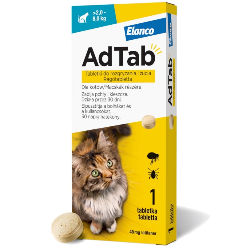 Elanco AdTab 48mg tabletka dla kota 2-8kg na pchły kleszcze 1szt