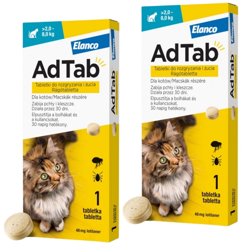 Elanco AdTab 48mg tabletka dla kota 2-8kg na pchły kleszcze 2szt