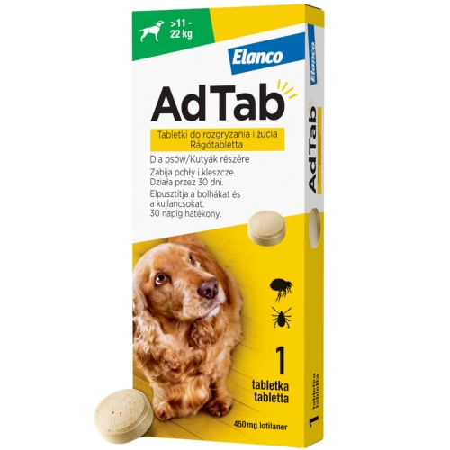 Elanco AdTab Dog 450mg tabletka dla psa 11-22kg na pchły i kleszcze 1szt