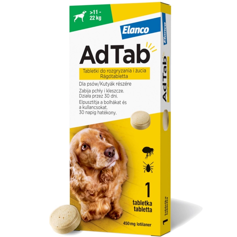 Elanco AdTab Dog 450mg tabletka dla psa 11-22kg na pchły i kleszcze 1szt