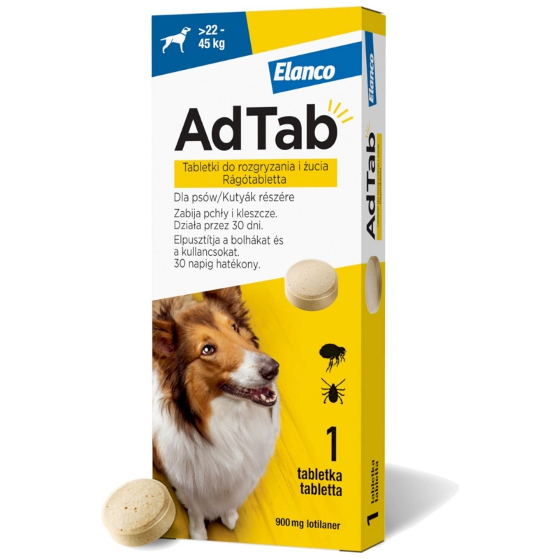 Elanco AdTab Dog 900mg tabletka dla psa 22-45kg na pchły i kleszcze 1szt
