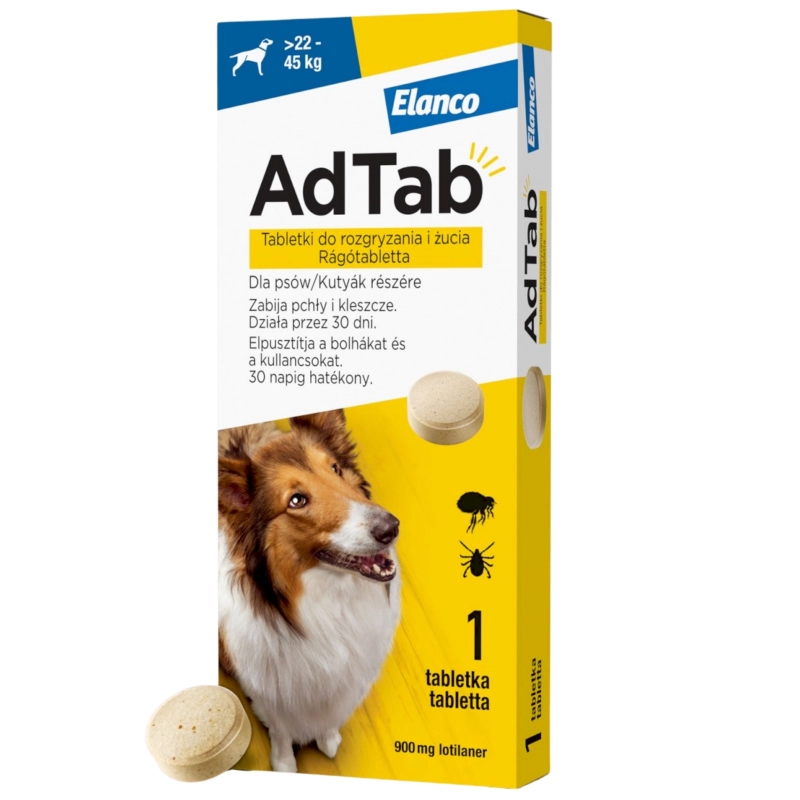 Elanco AdTab Dog 900mg tabletka dla psa 22-45kg na pchły i kleszcze 1szt
