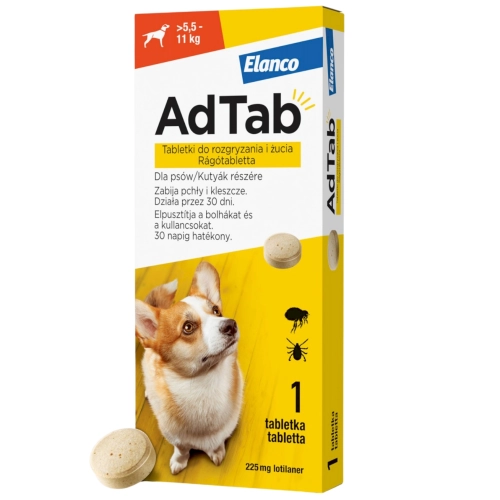 Elanco AdTab Dog 225mg tabletka dla psa 5,5-11kg na pchły i kleszcze 1szt