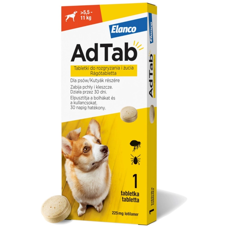 Elanco AdTab Dog 225mg tabletka dla psa 5,5-11kg na pchły i kleszcze 1szt