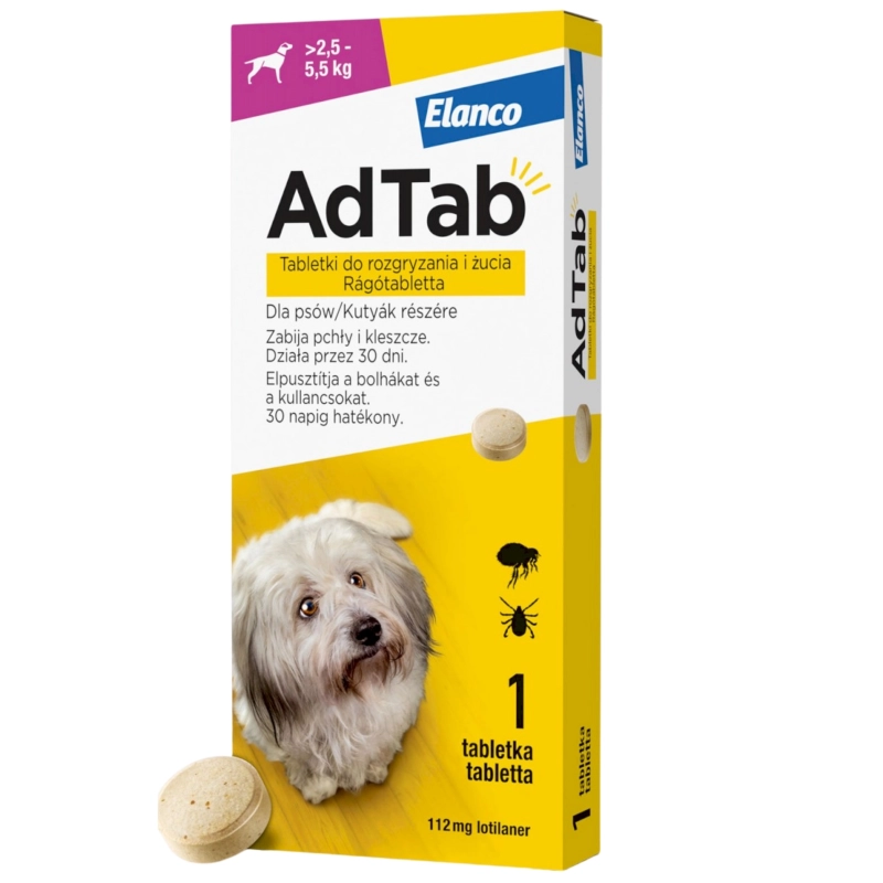 Elanco AdTab Dog 112mg tabletka dla psa 2,5-5,5kg na pchły i kleszcze 1szt