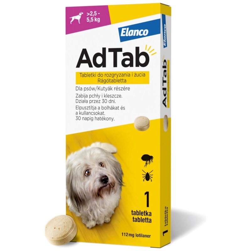 Elanco AdTab Dog 112mg tabletka dla psa 2,5-5,5kg na pchły i kleszcze 1szt