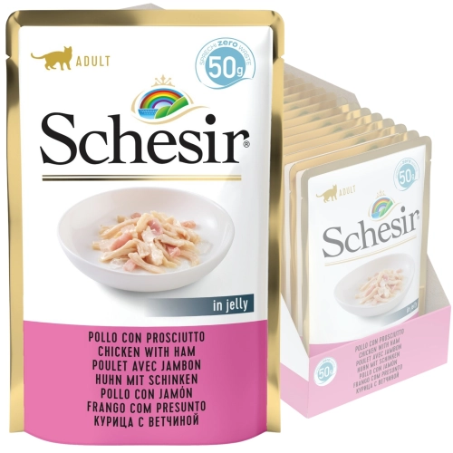 Schesir kurczak z szynką w galaretce mokra karma uzupełniająca dla kota 15x 50g