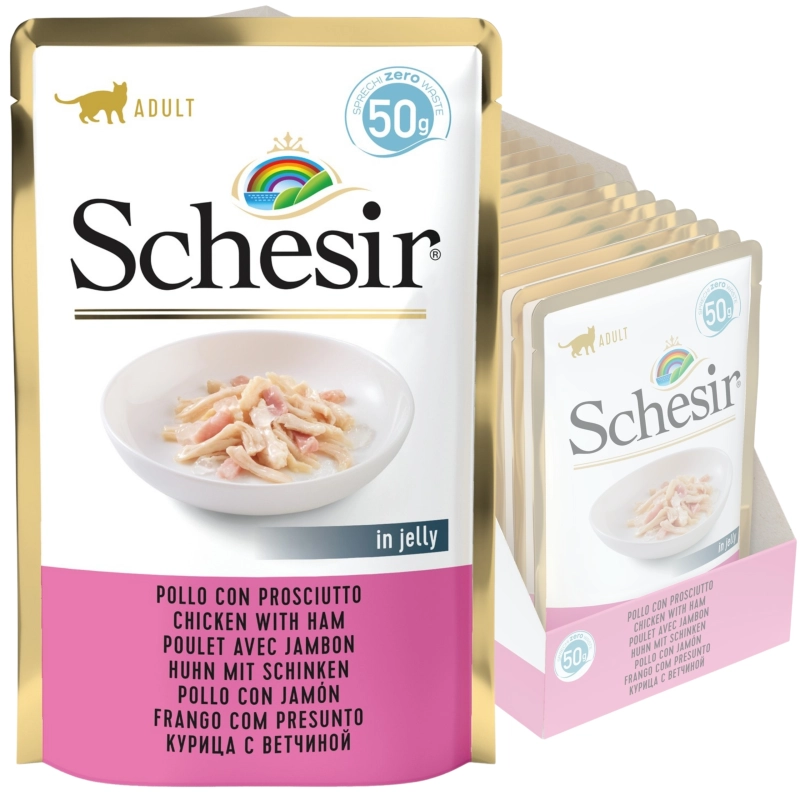 Schesir kurczak z szynką w galaretce mokra karma uzupełniająca dla kota 15x 50g