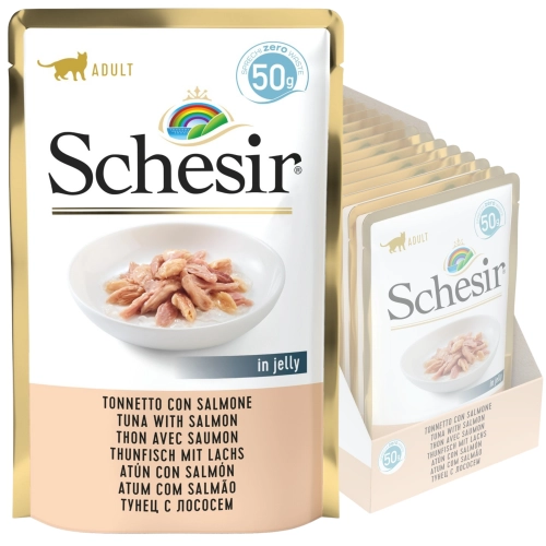 Schesir tuńczyk łosoś w galaretce mokra karma uzupełniająca dla kota 15x50g