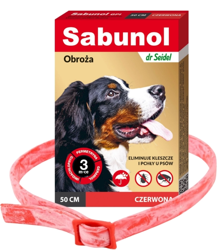 Sabunol obroża na pchły kleszcze wszy wszoły psa czerwona wodoodporna 50cm