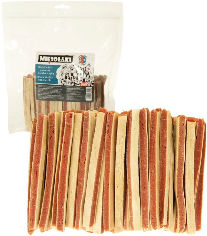 Mięsołaki sandwich kaczka i ryba miękkie paski przysmak dla psa 500g