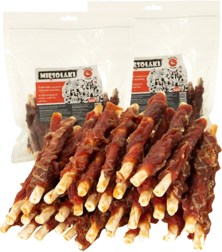 MięsoŁaki pałeczki ze skóry wołowej owinięte kaczką gryzak dla psa 2x 500g