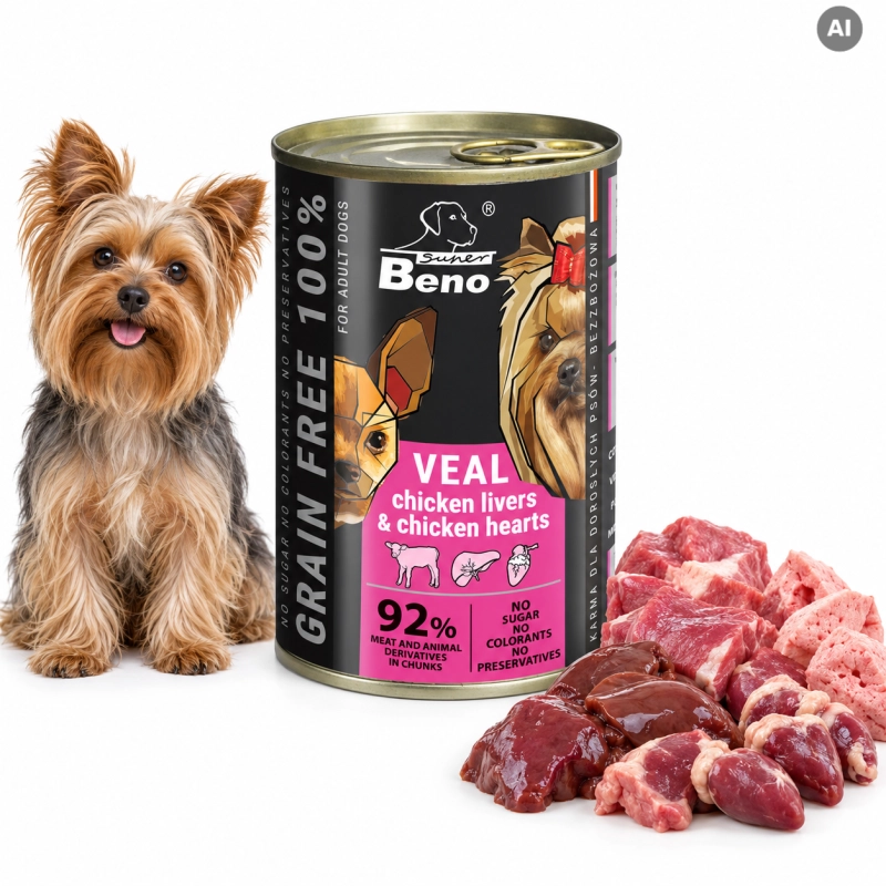 Super Beno Adult cielęcina wątróbka serca kąski mokra karma dla psa 415g