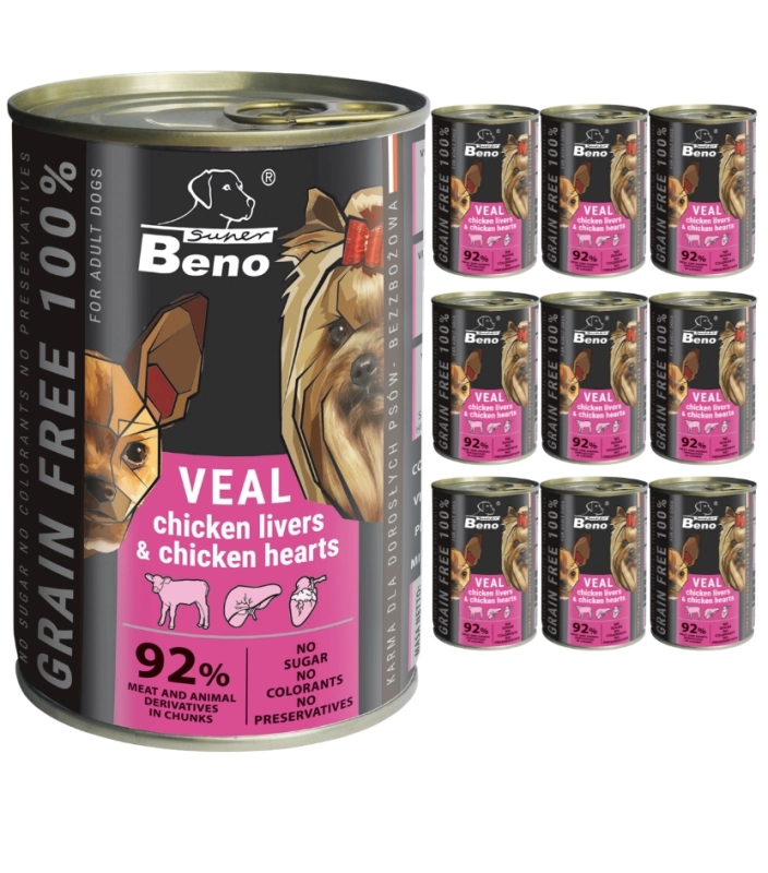 Super Beno Adult cielęcina wątróbka serca kąski mokra karma dla psa 10x 415g
