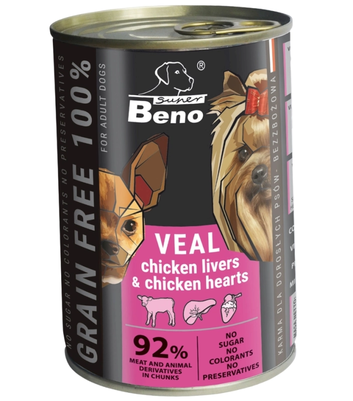 Super Beno Adult cielęcina wątróbka serca kąski mokra karma dla psa 10x 415g