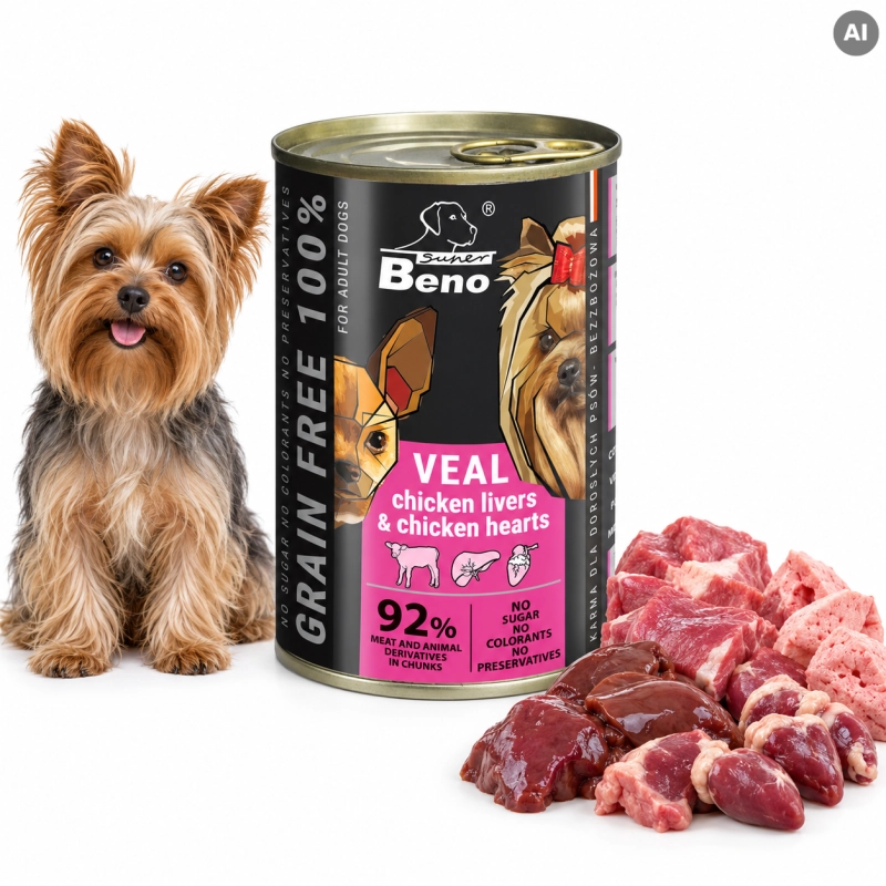 Super Beno Adult cielęcina wątróbka serca kąski mokra karma dla psa 10x 415g